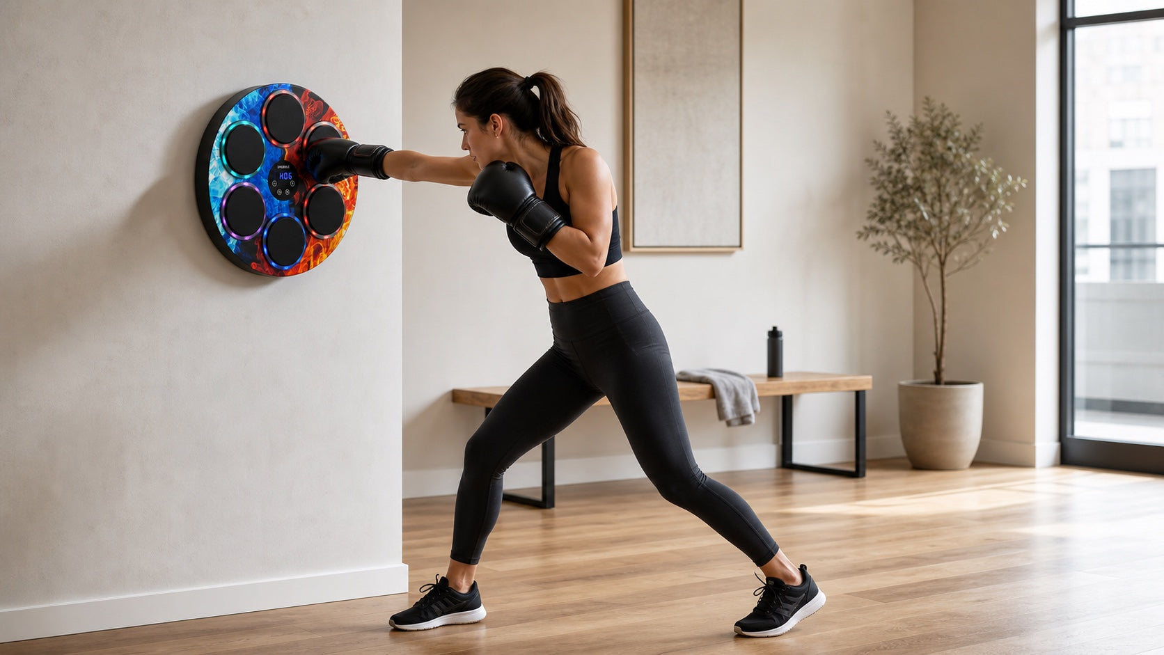 Woman using the SHUBOLE Music Boxing Trainer at home