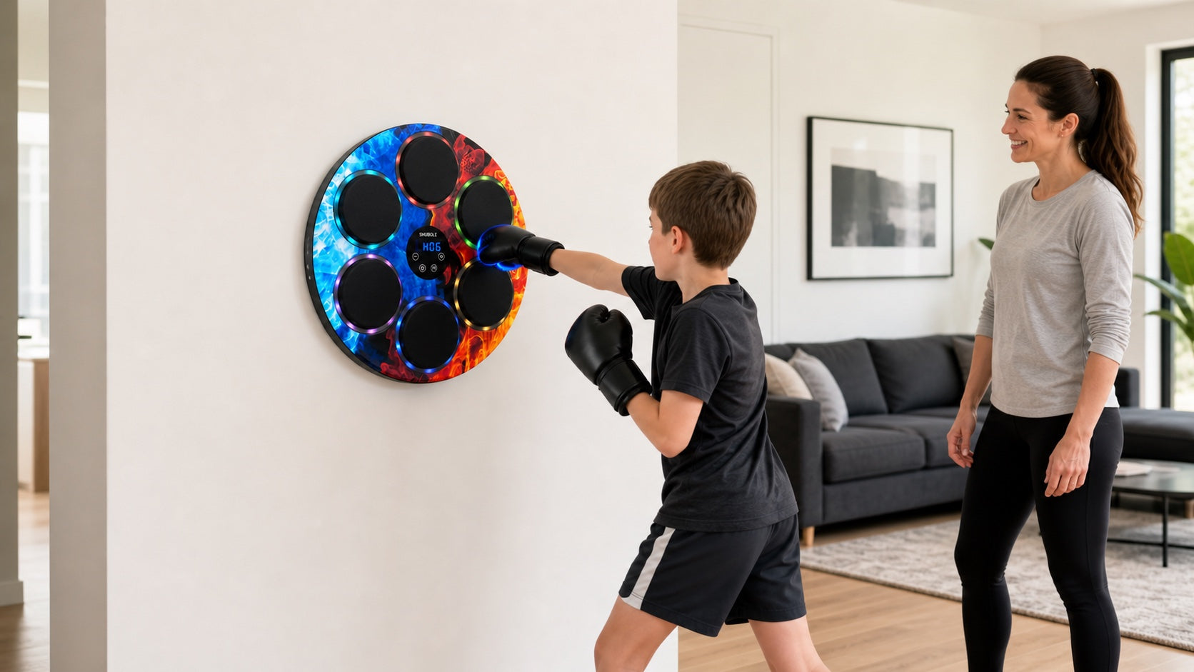 Child using the SHUBOLE Music Boxing Trainer with adult supervision