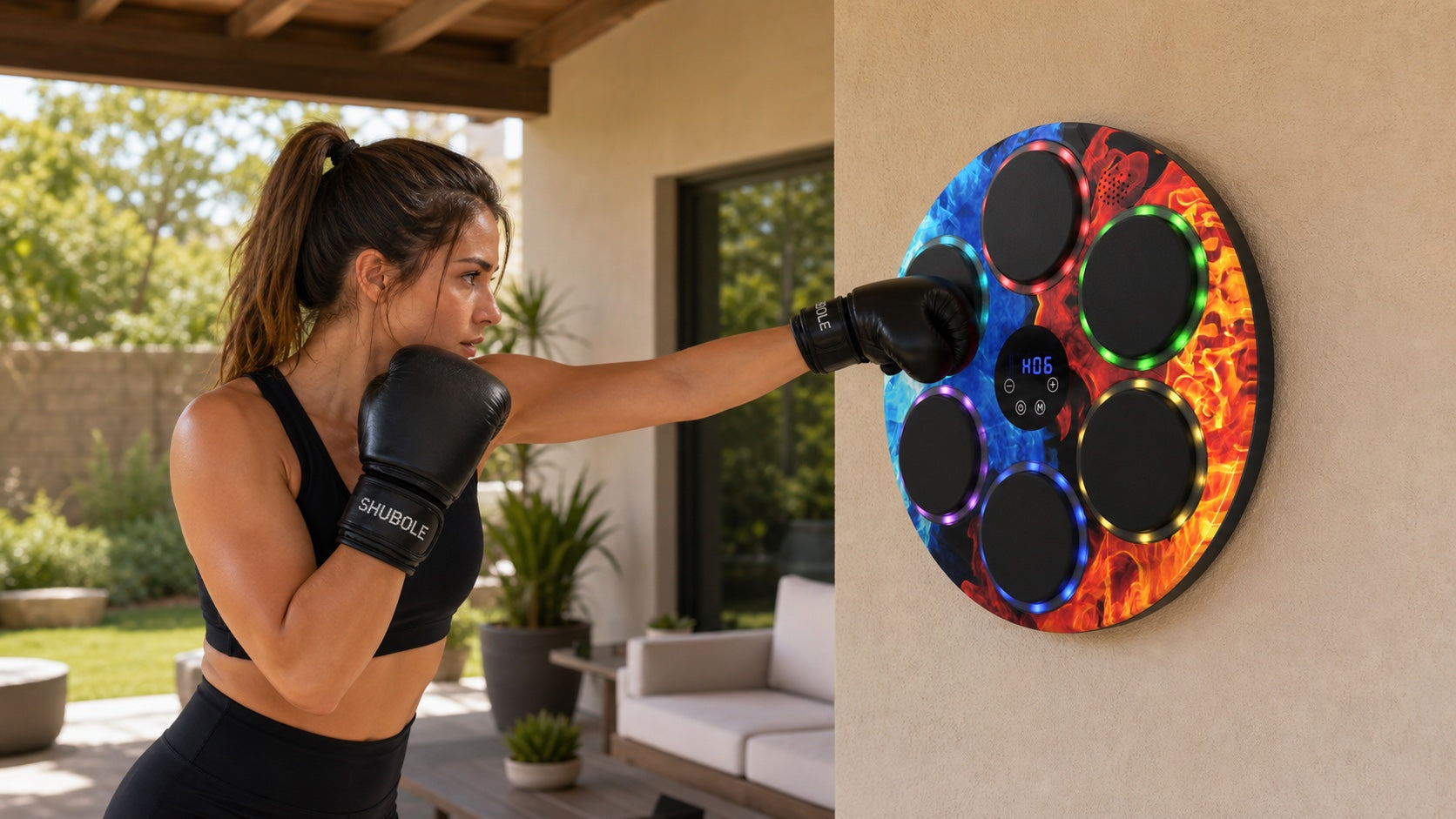 SHUBOLE Music Boxing Trainer on a dry sheltered patio